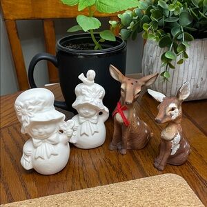 Vintage White Snowman Snow Ladies and Brown Deer Figurines Salt & Pepper Shakers